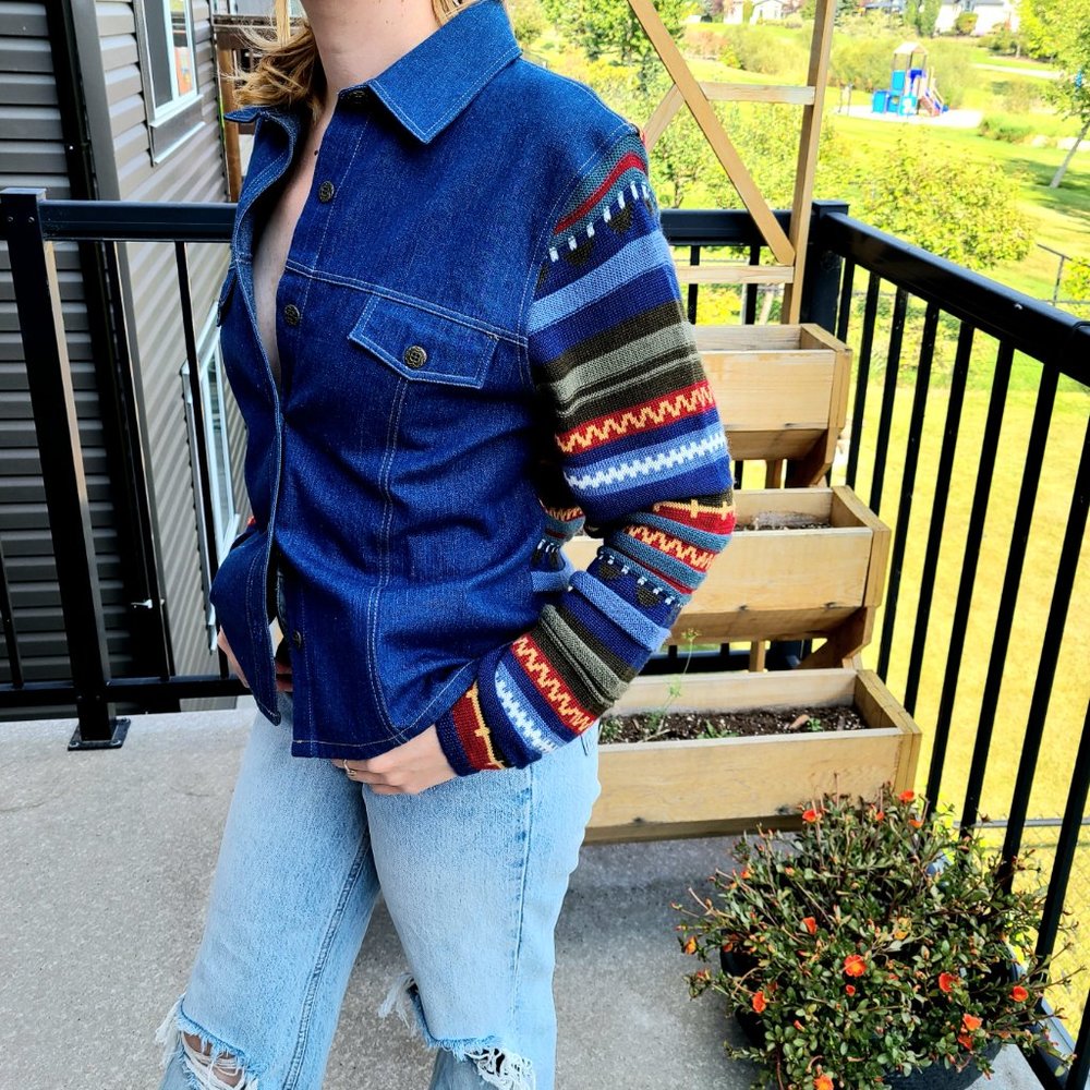 Vintage Koret stretch jean jacket with multicolored knit sleeves.